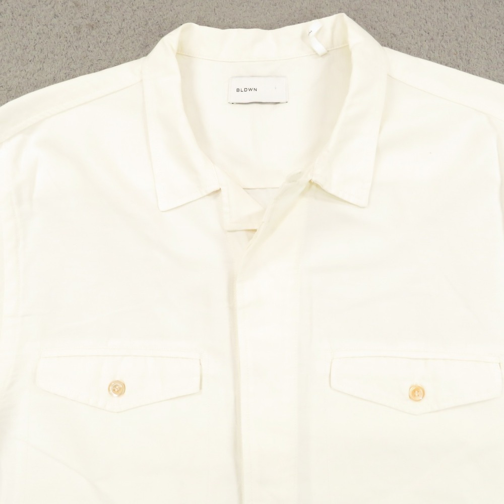 BLDWN Shirt Mens XL White Linen Cotton Loop Collar Short Sleeve Button Up Kansas